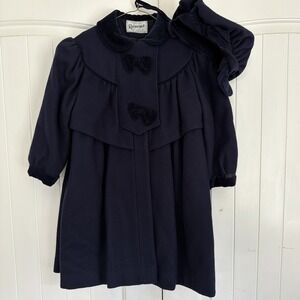 Vtg Rothschild Wool Coat Girl Sz 6 Navy Velvet Bow Matching Hat Warm Stunning